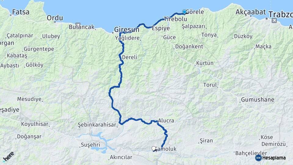 Giresun Görele Çamoluk Arası Kaç Km - Yol Haritası