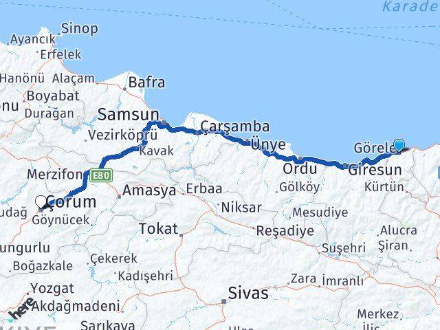 Giresun Görele Çorum Arası Kaç Km - Yol Haritası