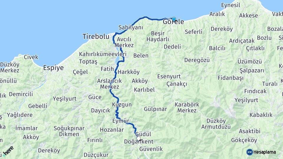 Giresun Görele Doğankent Arası Kaç Km - Yol Haritası