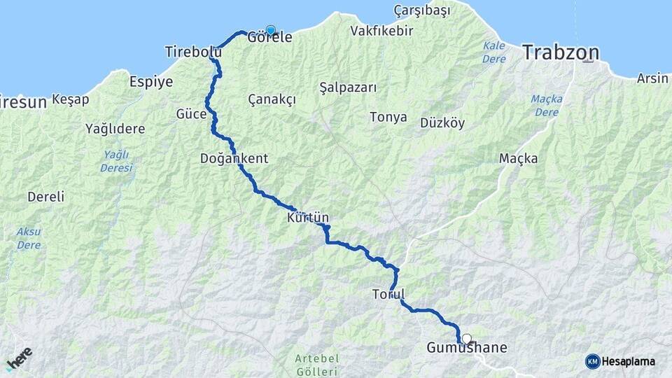 Giresun Görele Gümüşhane Arası Kaç Km - Yol Haritası