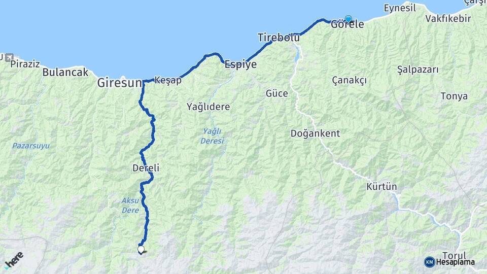 Giresun Görele Kümbet Dereli Arası Kaç Km - Yol Haritası