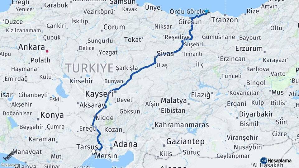 Giresun Görele Mersin Arası Kaç Km - Yol Haritası