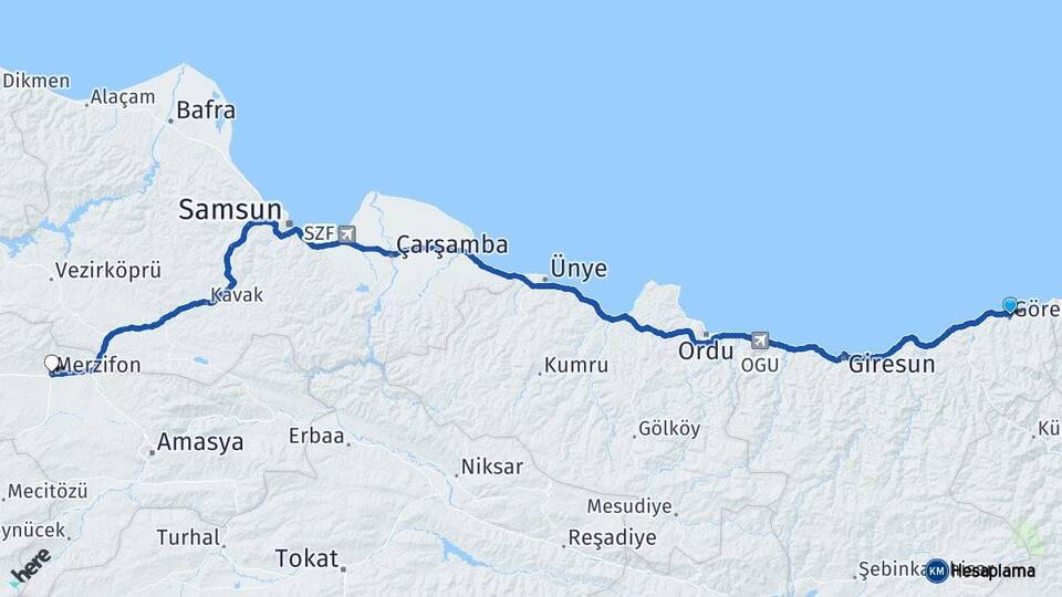 Giresun Görele Merzifon Amasya Arası Kaç Km - Yol Haritası