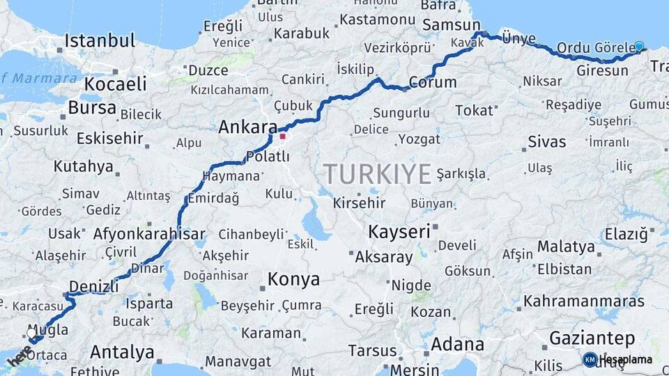 Giresun Görele Muğla Arası Kaç Km - Yol Haritası