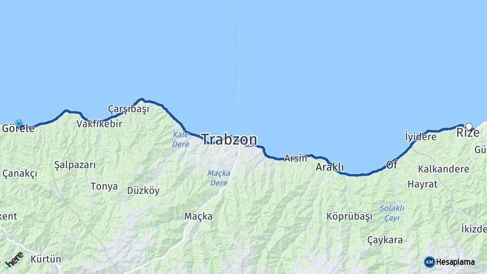 Giresun Görele Rize Arası Kaç Km - Yol Haritası