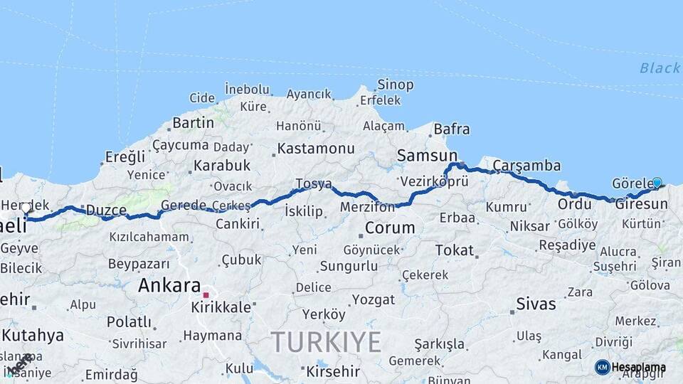 Giresun Görele Sakarya Arası Kaç Km - Yol Haritası