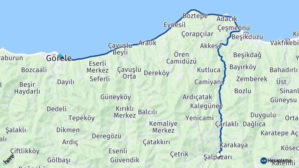 Giresun Görele Şalpazarı Trabzon Arası Kaç Km - Yol Haritası