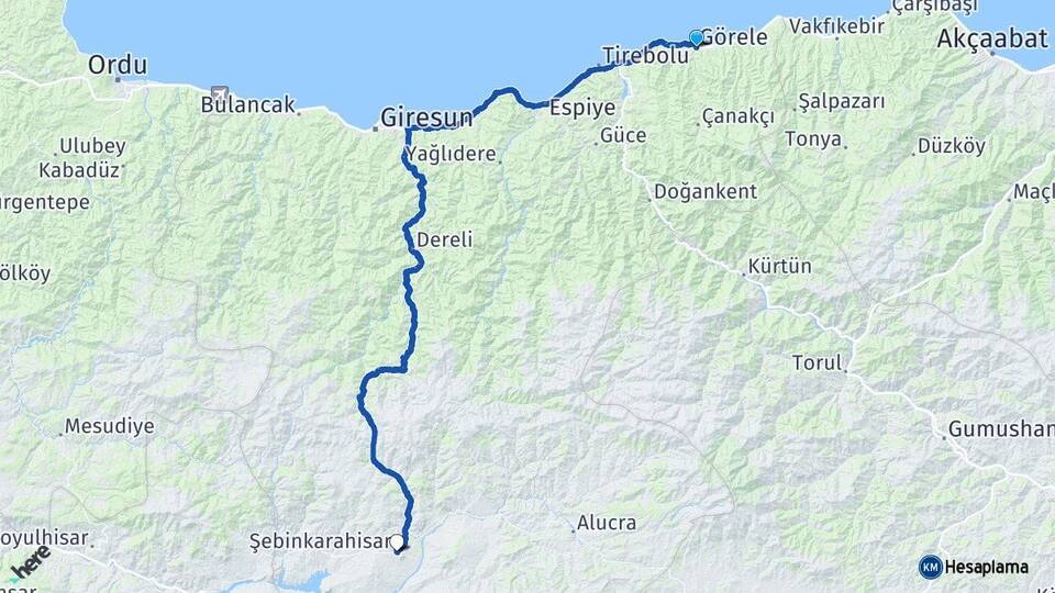 Giresun Görele Şebinkarahisar Arası Kaç Km - Yol Haritası