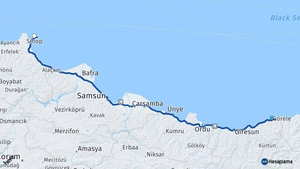 Giresun Görele Sinop Arası Kaç Km - Yol Haritası