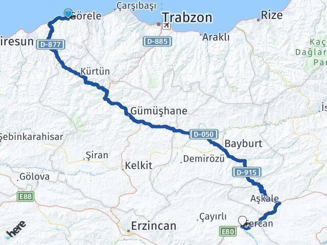 Giresun Görele Tercan Erzincan Arası Kaç Saat? Yol Haritası, Yakıt, Rota ve Mesafe Hesaplama Giresun Görele Tercan Erzincan Arası Kaç Km? Kaç Saat? Yol Haritası