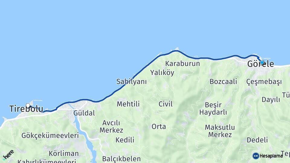 Giresun Görele Tirebolu Arası Kaç Km - Yol Haritası