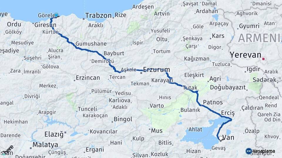 Giresun Görele Van Arası Kaç Km - Yol Haritası