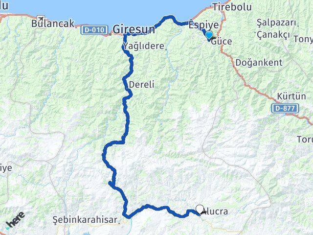 Giresun Güce Alucra Arası Kaç Km - Yol Haritası