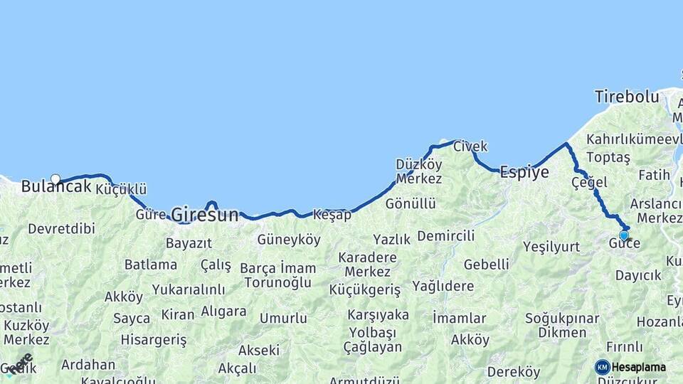 Giresun Güce Bulancak Arası Kaç Km - Yol Haritası