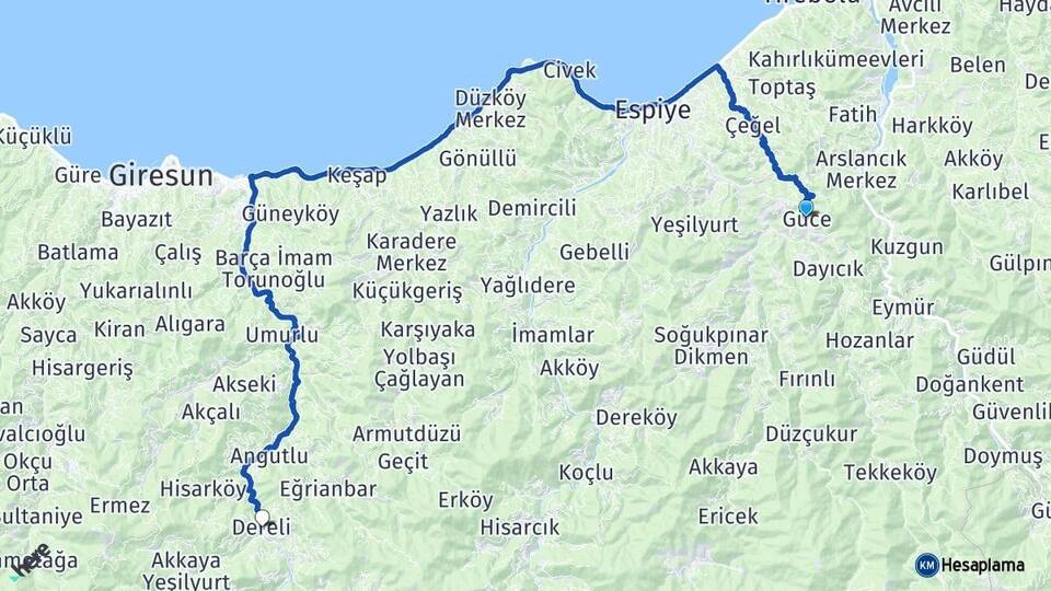 Giresun Güce Dereli Arası Kaç Km - Yol Haritası