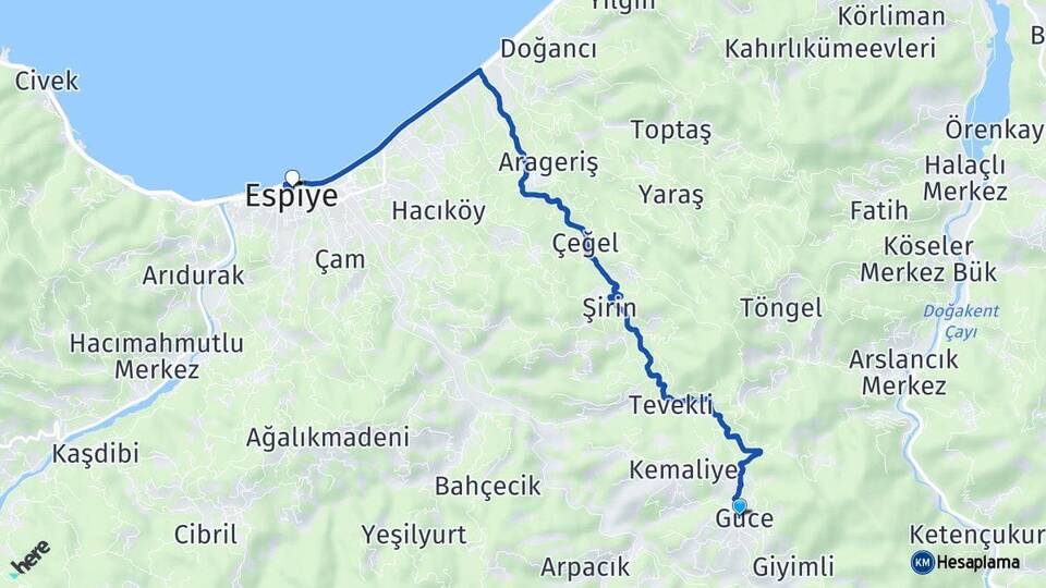 Giresun Güce Espiye Arası Kaç Km - Yol Haritası