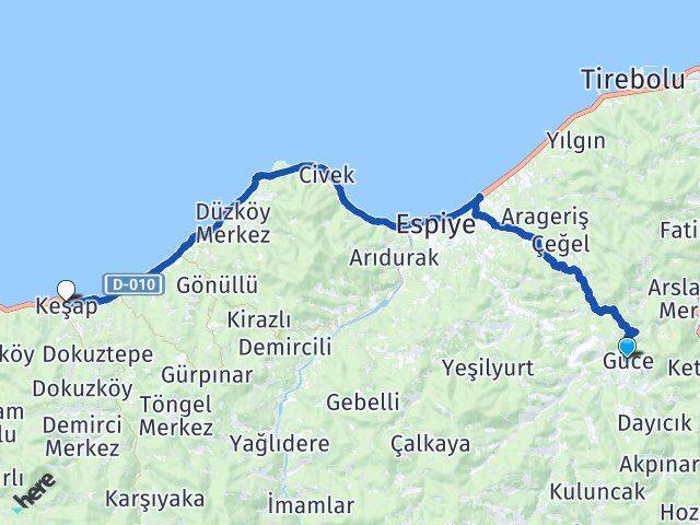 Giresun Güce Keşap Arası Kaç Km - Yol Haritası