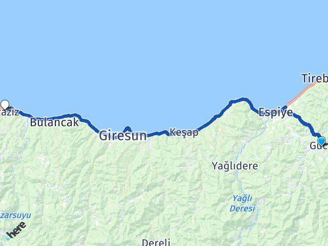 Giresun Güce Piraziz Arası Kaç Km - Yol Haritası
