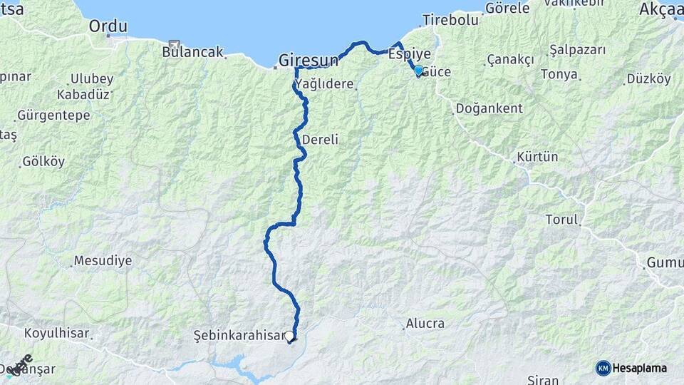 Giresun Güce Şebinkarahisar Arası Kaç Km - Yol Haritası