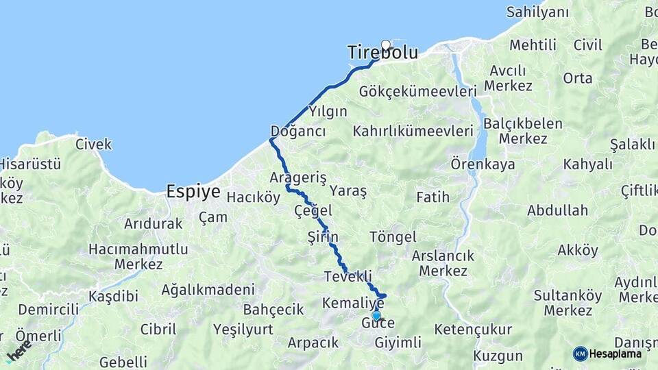 Giresun Güce Tirebolu Arası Kaç Km - Yol Haritası