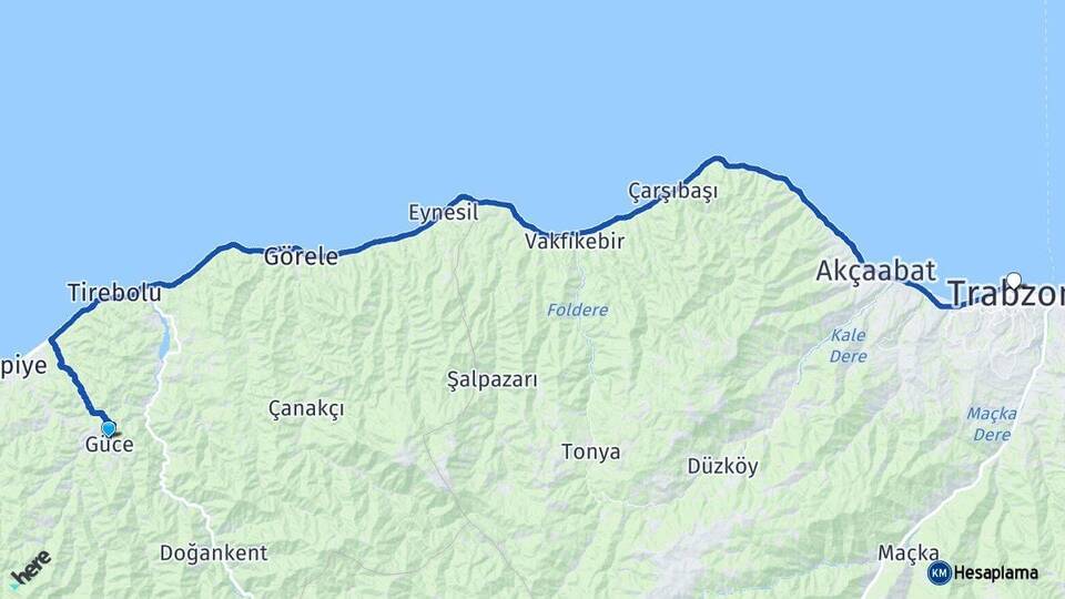 Giresun Güce Trabzon Arası Kaç Km - Yol Haritası