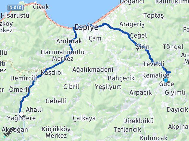 Giresun Güce Yağlıdere Arası Kaç Km - Yol Haritası