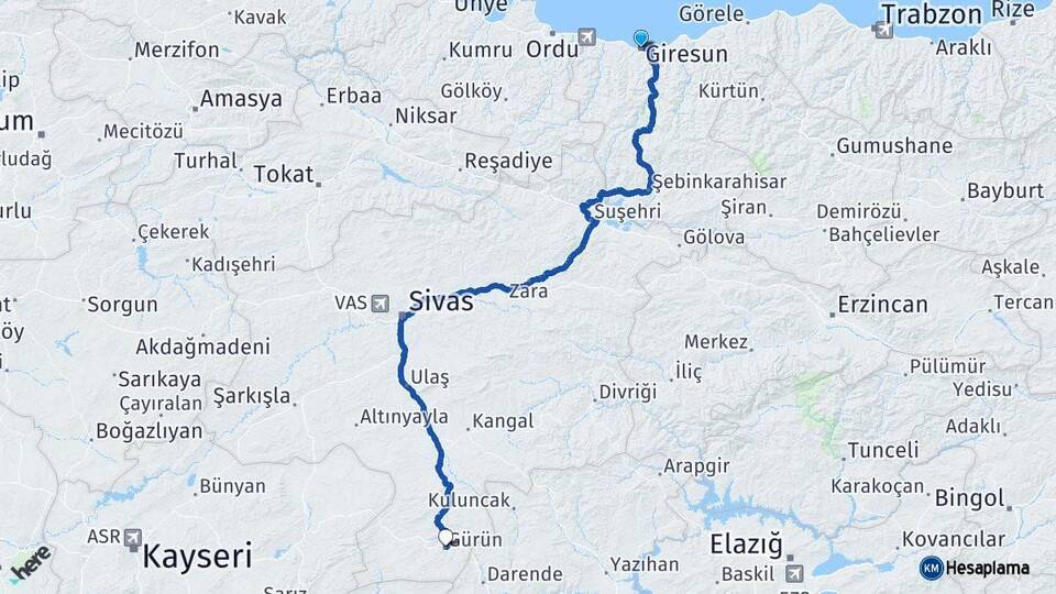 Giresun Gürün Sivas Arası Kaç Km - Yol Haritası