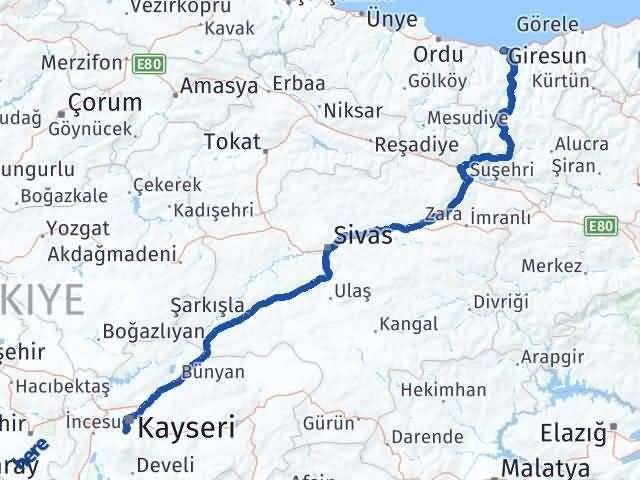 Giresun Hacılar Kayseri Arası Kaç Km - Yol Haritası