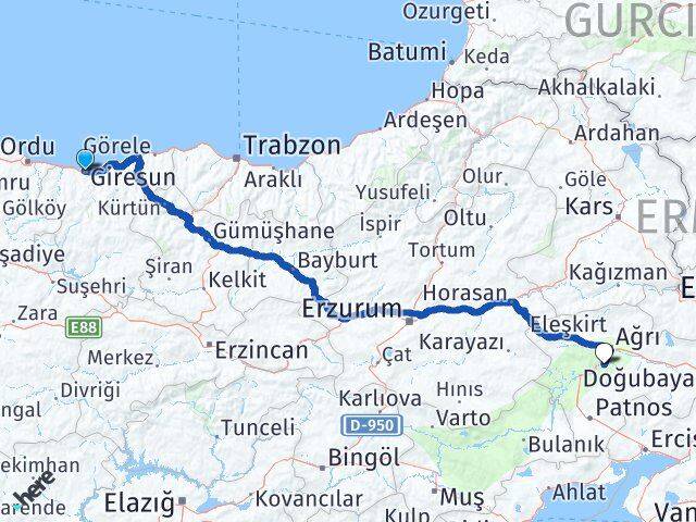 Giresun Hamur Ağrı Arası Kaç Km - Yol Haritası