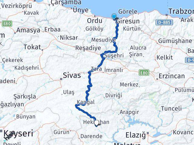 Giresun Hekimhan Malatya Arası Kaç Km - Yol Haritası