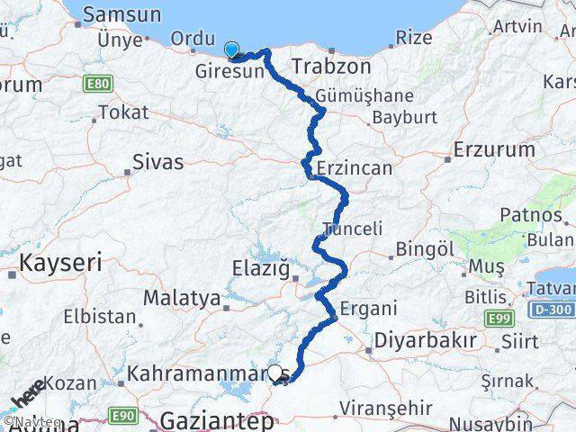 Giresun Hilvan Şanlıurfa Arası Kaç Km - Yol Haritası