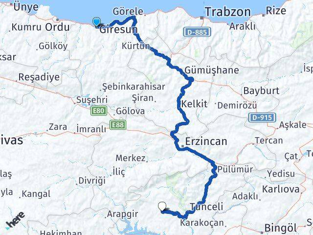 Giresun Hozat Tunceli Arası Kaç Km - Yol Haritası