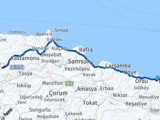 Giresun İhsangazi Kastamonu Arası Kaç Km - Yol Haritası