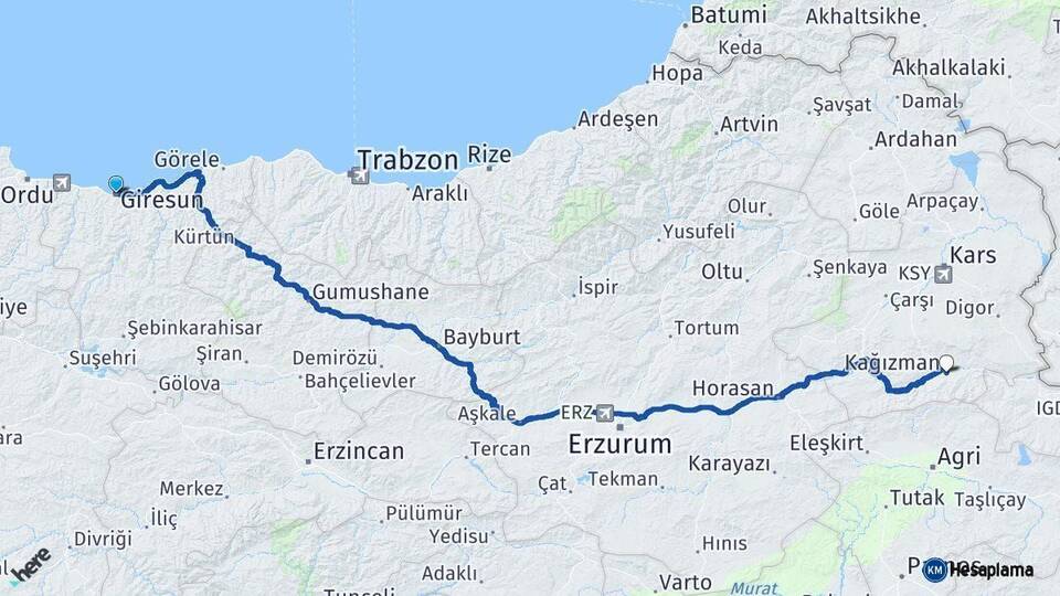 Giresun Kağızman Kars Arası Kaç Km - Yol Haritası