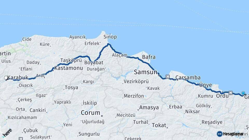 Giresun Karabük Arası Kaç Km - Yol Haritası