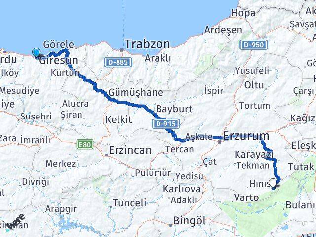 Giresun Karaçoban Erzurum Arası Kaç Km - Yol Haritası