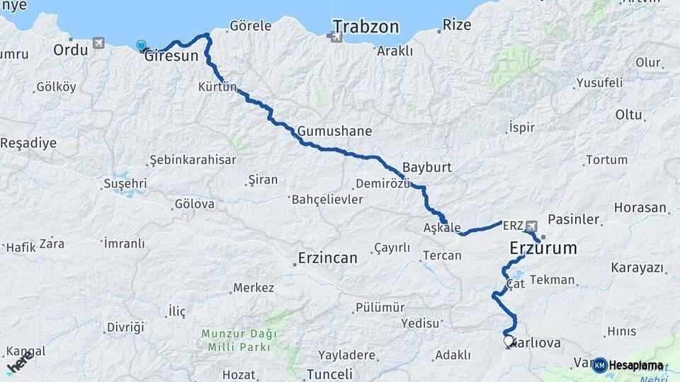 Giresun Karlıova Bingöl Arası Kaç Km - Yol Haritası