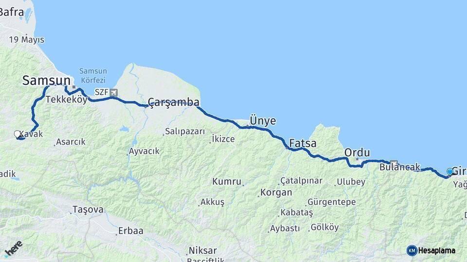 Giresun Kavak Samsun Arası Kaç Km - Yol Haritası