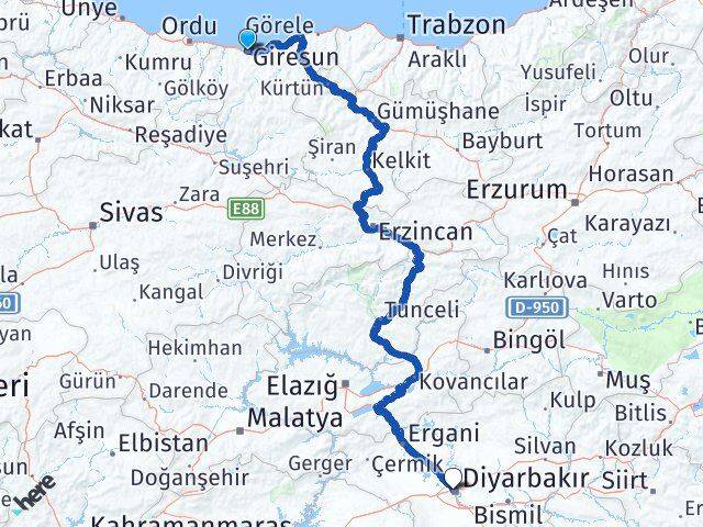Giresun Kayapınar Diyarbakır Arası Kaç Km - Yol Haritası