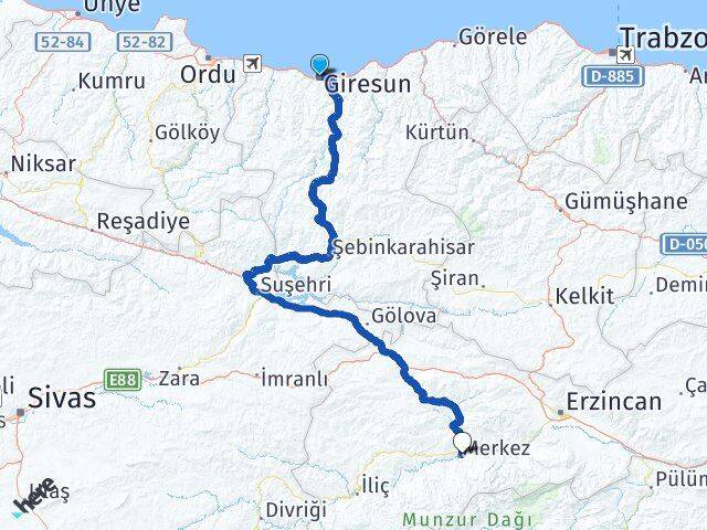 Giresun Kemah Erzincan Arası Kaç Km - Yol Haritası