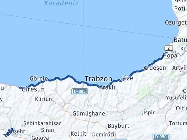 Giresun Kemalpaşa Artvin Arası Kaç Km - Yol Haritası