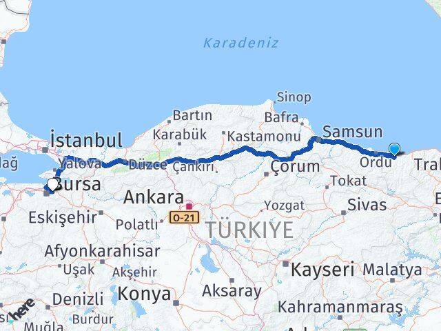 Giresun Kestel Bursa Arası Kaç Km - Yol Haritası