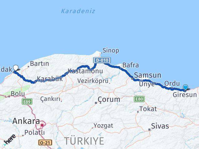 Giresun Kilimli Zonguldak Arası Kaç Km - Yol Haritası
