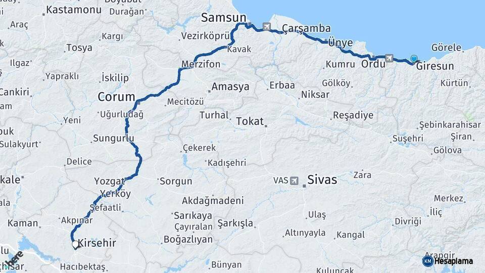 Giresun Kırşehir Arası Kaç Km - Yol Haritası
