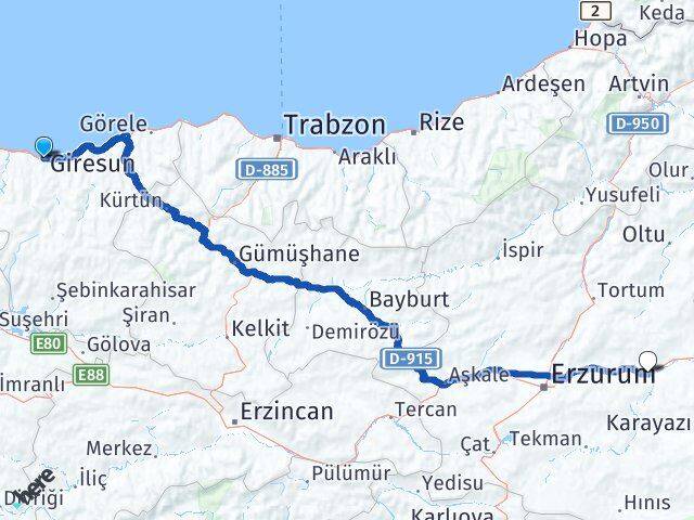 Giresun Köprüköy Erzurum Arası Kaç Km - Yol Haritası