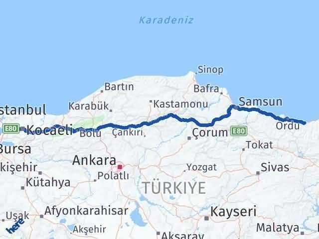 Giresun Körfez Kocaeli Arası Kaç Km - Yol Haritası
