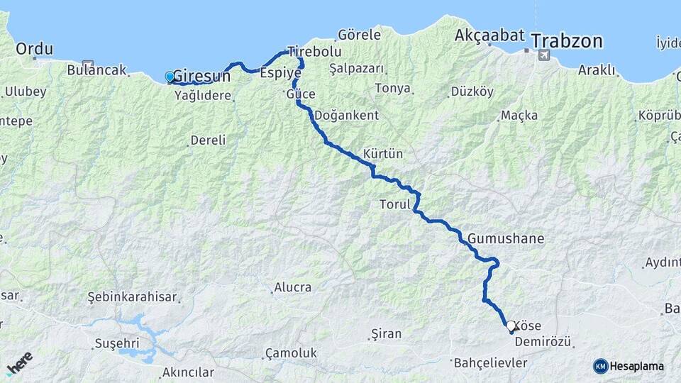 Giresun Köse Gümüşhane Arası Kaç Km - Yol Haritası