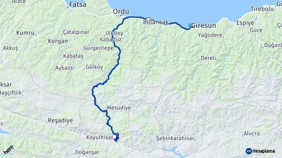 Giresun Koyulhisar Sivas Arası Kaç Km - Yol Haritası