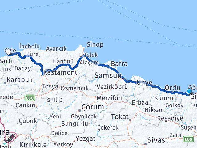 Giresun Kurucaşile Bartın Arası Kaç Km - Yol Haritası
