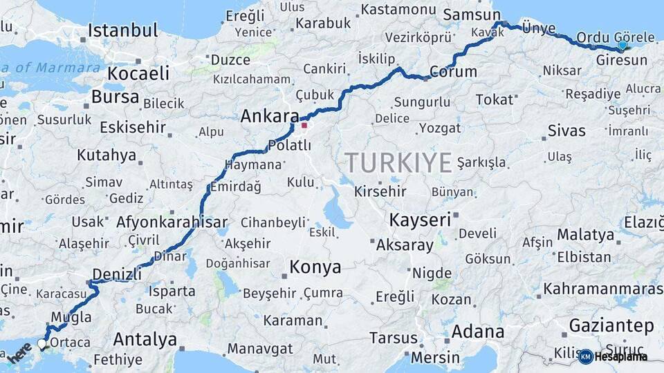 Giresun Marmaris Muğla Arası Kaç Km - Yol Haritası